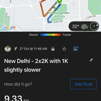 A screenshot of an interval workout: 2x2k with a 1k float. My coaching is flexible; I adjusted this runner's Long Slow Distance (LSD) to an interval run at the last minute based on his needs.