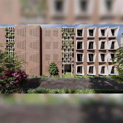 This is a concept design for a school facade, where we explored the use of brick jaali work and angled window frames. The design aims to create a visually engaging exterior while ensuring ample natural light and ventilation for the classrooms within.