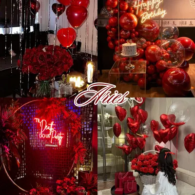 Zodiac decor aesthetics: Aries. Bold, passionate, and fiery, an Aries party is all about dramatic reds, lush roses, and statement neon signs.