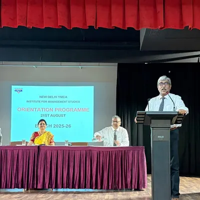 A faculty member addresses new students during the Orientation Programme for the 2025-26 batch at the Institute for Management Studies, setting the tone for their academic journey.
