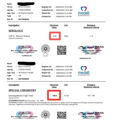 This is a real case study showing how I approach chronic skin conditions. After a 39-year-old female patient struggled with allergic rashes for years, my targeted Ayurvedic treatment protocol brought her inflammation markers and allergy indicators down significantly in just 20 days.