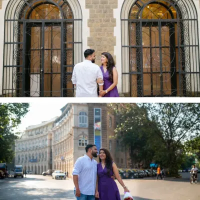 Using the grand architecture of Mumbai to frame a couple's story. This collage shows how we can capture both wide, scenic cityscapes and intimate moments against beautiful urban details in a single pre-wedding session.