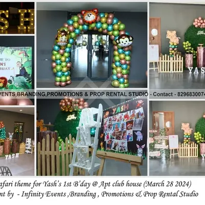 A classic "Wild One" safari theme for Yash's first birthday. This setup features a grass wreath backdrop, a balloon arch with animal prints, character cutouts, and a personalized photo display board.