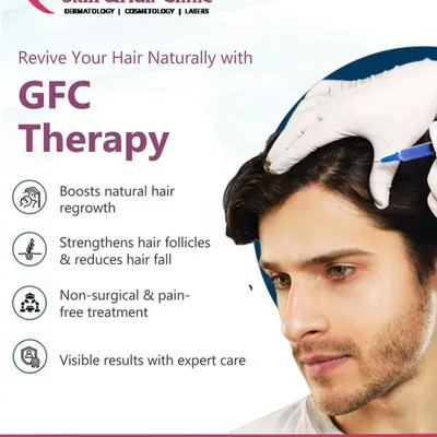 This graphic outlines the primary benefits of GFC therapy. It is a non-surgical and pain-free treatment that boosts natural hair regrowth and strengthens follicles, leading to visible results under expert care.