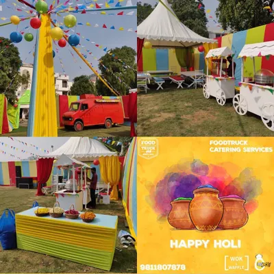This collage captures the energy of a large Holi festival I catered. My red food truck, along with colorful tents and additional food carts, created a complete food zone for the celebration, serving hundreds of happy guests.