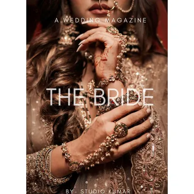 A close-up shot of the bride's hands, jewelry, and the intricate details of her outfit, styled like a magazine cover. This highlights our focus on editorial-quality images.