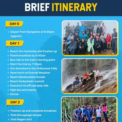 A sample itinerary for our Kodachadri trek. See how we structure the adventure, from departure to the final return.