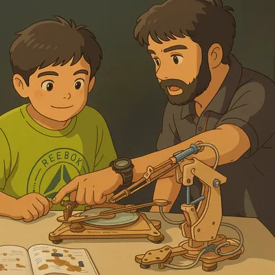 This illustration captures the essence of our mentorship. An instructor guiding a young student as they explore the mechanics of a robotic arm, blending Ghibli's warmth with the wonder of engineering.