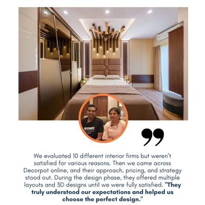 "They truly understood our expectations and helped us choose the perfect design." It was a pleasure working with Mr. Srinath and Mrs. Lakshmi to create their dream bedroom, complete with custom lighting and a beautiful wardrobe.