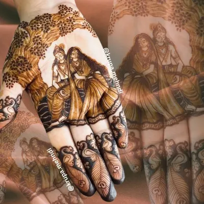 This intricate Radha Krishna portrait is a piece of my heart and a testament to the stories we can tell with henna. I love creating these detailed figures, capturing a moment of divine love that makes any bridal or festive mehndi truly special.