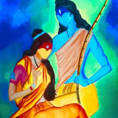 Soft pastels have a wonderful way of bringing stories to life, like in this mythological painting of Radha and Krishna. The student learned to blend the rich blues and warm yellows to create a scene that feels both divine and real.
