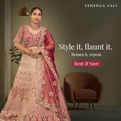 Style it, flaunt it, return it, repeat. This magnificent red and gold bridal lehenga, with its intricate embroidery and classic silhouette, ensures you look like royalty on your wedding day without the long-term cost.