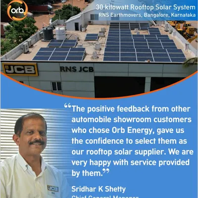 RNS Earthmovers, a renowned JCB dealer, chose us based on positive feedback from other automobile showroom customers. Their 30-kilowatt rooftop system now covers about 80% of the showroom's daytime electricity needs, saving over 3 lakhs rupees annually with a projected payback of just four years.