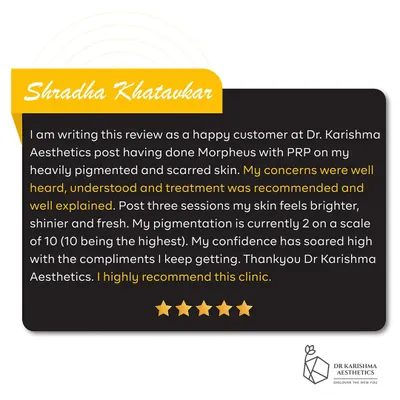 This is a wonderful testimonial from a happy client who underwent Morpheus8 with PRP for pigmentation and scarring. It is my goal to ensure every patient feels heard and understood, and I am thrilled to see her confidence soar after just three sessions.