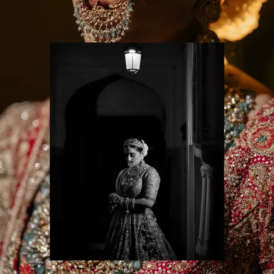 A creative collage combining a close-up of the bride's nose ring with a dramatic black and white portrait.
