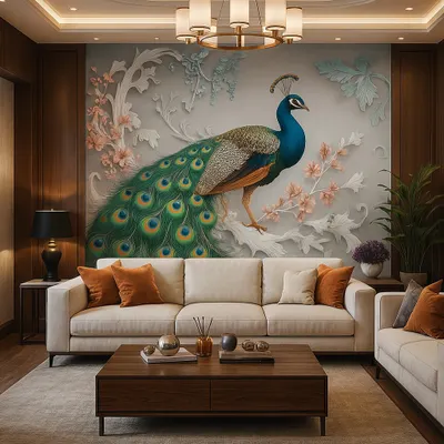 A majestic 3D wallpaper featuring a peacock on a branch, set against a backdrop of classic wood paneling. The design is regal and adds a touch of Indian royalty.