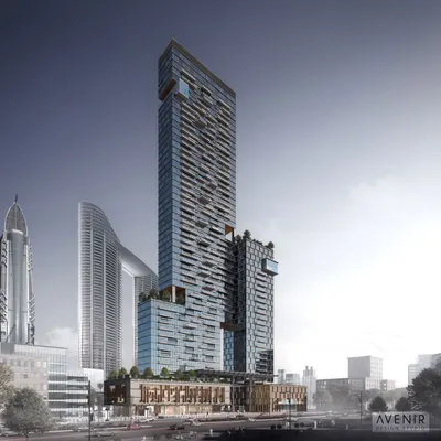 A photorealistic 3D exterior render of a skyscraper concept in Dubai. This daytime view highlights the building's complex glass facade and its integration into the existing urban skyline, demonstrating our ability to handle large scale architectural projects with precision.