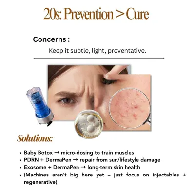 In your 20s, the focus is on prevention. We address early concerns like lifestyle-related breakouts and sun damage with subtle treatments like Baby Botox and regenerative therapies like PDRN or Exosomes with DermaPen to build a strong foundation for the future.