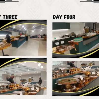A collage from a multi-day corporate event, showing our consistent and professional buffet setups from day three to day four. We ensure variety and quality throughout your event.