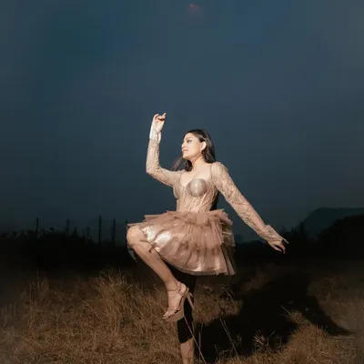 An outdoor high-fashion shoot where the outfit becomes part of the landscape. The dramatic lighting and pose create a surreal, artistic image perfect for a designer lookbook or brand campaign.