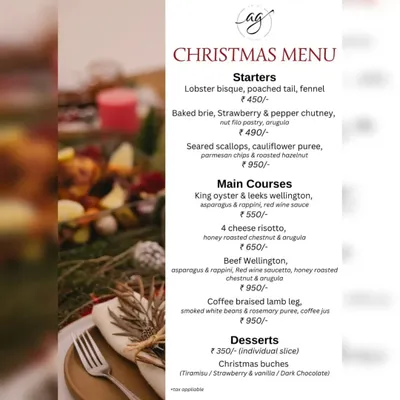 Celebrate the Christmas season with my exquisite and delectable dine-in menu. This menu features festive dishes like Lobster Bisque, Beef Wellington, and Christmas buches to make your holiday meal unforgettable.