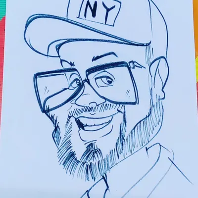 I love to draw beards, and this caricature was a great opportunity. The glasses and cap add to his cool character.