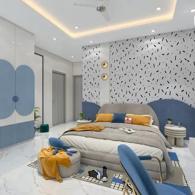 A bright and modern kid's room concept with a playful blue and yellow color scheme. The design features a custom headboard that extends up the wall, a confetti-patterned accent wall, and unique, rounded wardrobe doors.