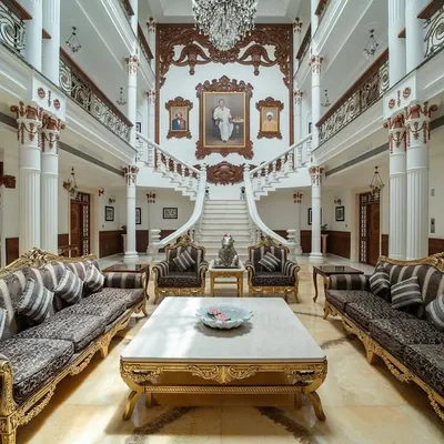The living area of "The Palace Promised" is designed on a scale that inspires awe. This view from the grand staircase showcases the triple-height volume, the intricate woodwork, and the opulent furniture that together create a space of pure magnificence.