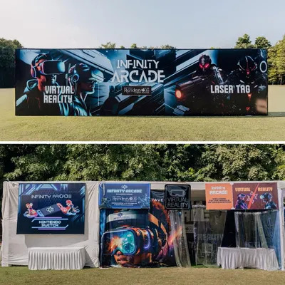 My full event branding on display at IIT Delhi. I provide large, professionally designed banners for both Virtual Reality and Laser Tag, creating a visually impressive and exciting gaming zone.