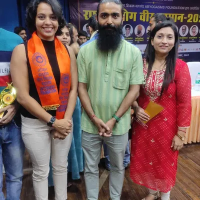 A proud moment with fellow yogis at the "Yog Veer Samman 2022" event, celebrating our collective efforts to build and serve the global yoga community.