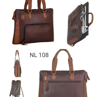 This collage presents our two-tone leather tote bag, model NL 108. It shows multiple angles, including the spacious main compartment, exterior pockets, and sturdy handles, highlighting its suitability as a professional work bag.