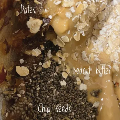 These are the only four ingredients in my energy bites: dates, chia seeds, rolled oats, and my own sugar-free peanut butter. Simple, clean, and real.
