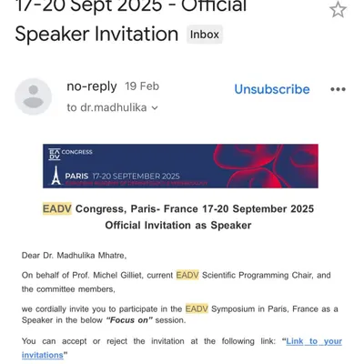 It is an honor to be invited to speak at the upcoming EADV Congress in Paris. I look forward to sharing my work on pigmentary disorders and connecting with the international dermatology community.