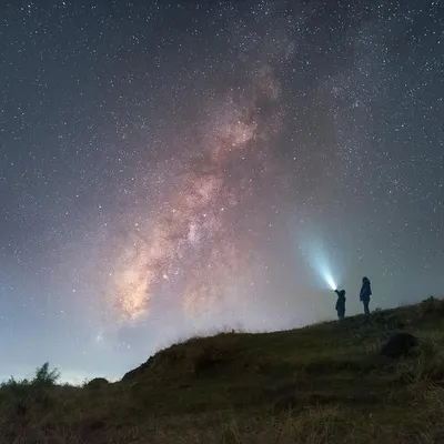 Two participants stand in awe under the Milky Way in Singalila National Park. This frame, a blend of two images, shows the sheer scale of our galaxy compared to us.