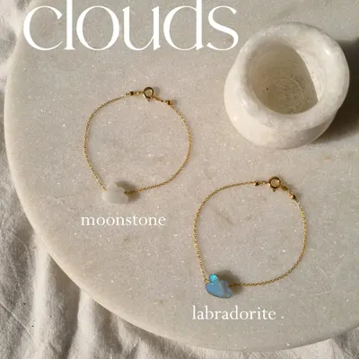 My 'amegh' cloud bracelets, like candy for your wrist. This image shows the moonstone cloud for calm and good fortune, and the labradorite cloud, which I consider a stone of magic.