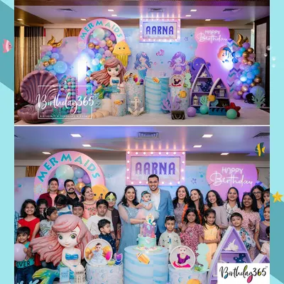 A beautiful family portrait from Aarna's mermaid-themed birthday. This collage captures the joy of the celebration, with the family and guests gathered around the cake in front of the whimsical underwater backdrop.