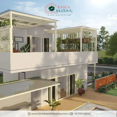 A 3D render of a complete exterior and terrace design for a modern villa. This project showcases a cohesive landscape plan, including a poolside wooden deck on the ground floor and a rooftop bar and lounge area covered by a stylish white pergola.