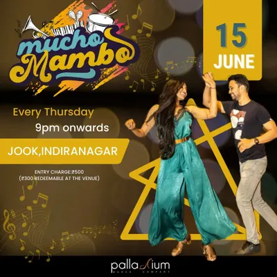 An example of our weekly Mucho Mambo poster. We clearly list the date, time, venue, and redeemable entry charge so you have all the info you need.