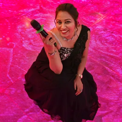 A fun, high-angle shot on the LED dance floor. I am not just a host on the stage; I am part of the celebration on the floor too.