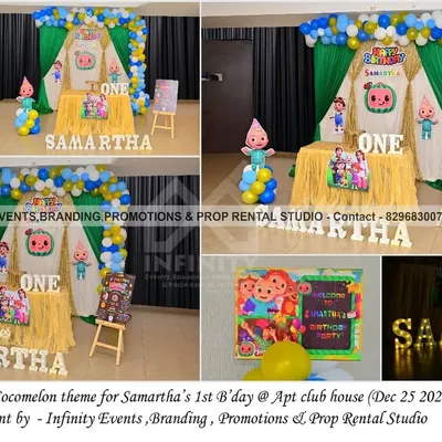 A simple and sweet Cocomelon theme for Samartha's first birthday. This setup shows that even a smaller, at-home celebration can be special with themed decor, a custom welcome board, and light-up letters.