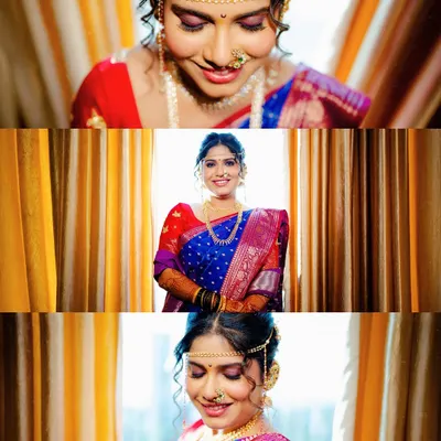 A collage of a beautiful Marathi bride getting ready for her big day. We capture the details, from the traditional mundavalya to her joyful smiles.