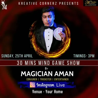 This is a promotional poster for one of my virtual mind game shows. I have adapted my interactive magic for the online world, offering a unique way to entertain and connect with audiences right in their own homes or offices.
