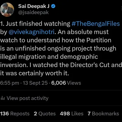 My initial reaction after watching "The Bengal Files". I see it as a critical piece of media for understanding how the Partition is not a closed chapter but an ongoing project of demographic inversion through illegal migration.