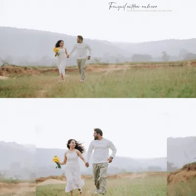 A two-panel layout capturing the joy of a couple running through an open field, showing both a wide shot and a closer, more intimate view of their happiness.