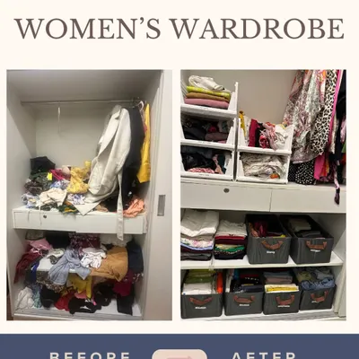 A classic before and after of a women's wardrobe. We went from piles of clothes and no clear system to a beautifully organized space with stackable bins and categorized sections, making it easy to see everything at a glance.