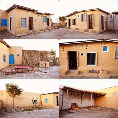 A collage showcasing our complete desi pind (village) set. With its mud-plastered walls, charpai, and hand-pump, it's the perfect location for a traditional, rustic-themed shoot for music videos or pre-weddings.