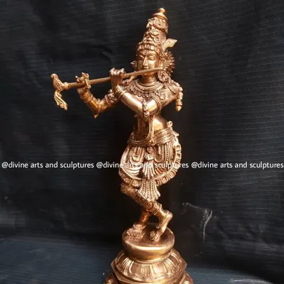 A beautiful 12-inch Panchaloha sculpture of Lord Krishna playing his flute. His graceful tribhanga pose and serene expression are hallmarks of the classic South Indian sculptural tradition, perfect for any ISKCON devotee or home altar.