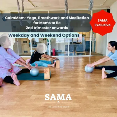 The CalmMom program provides gentle yoga, breathwork, and meditation for moms to be from the second trimester. In this session, we are using props like stability balls and blocks to ensure comfort and support during seated forward folds.