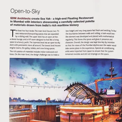 A feature on the Queensline Sea Yah project in MGS Architecture + Interior Design magazine. The article highlights the open-to-sky deck and the carefully selected palette of materials that define this high-end floating restaurant.