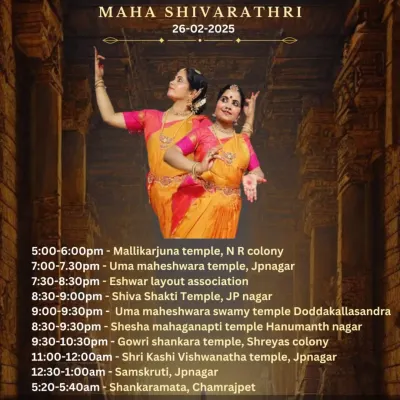 An event poster for our 'Nrithya Jagarane' performances during Maha Shivaratri. We performed at nine different temples and venues throughout the night as a devotional offering.